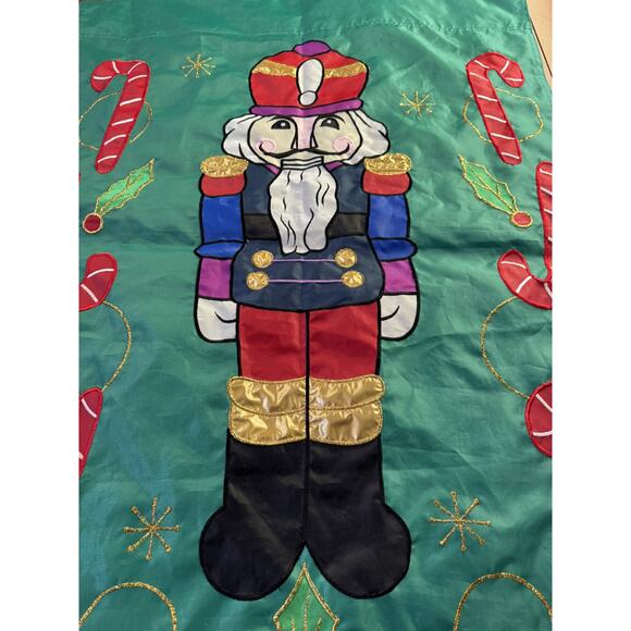 Vtg Applique Christmas Holiday Yard Flag Double Sided Nutcracker Candy Cane - Picture 10 of 10